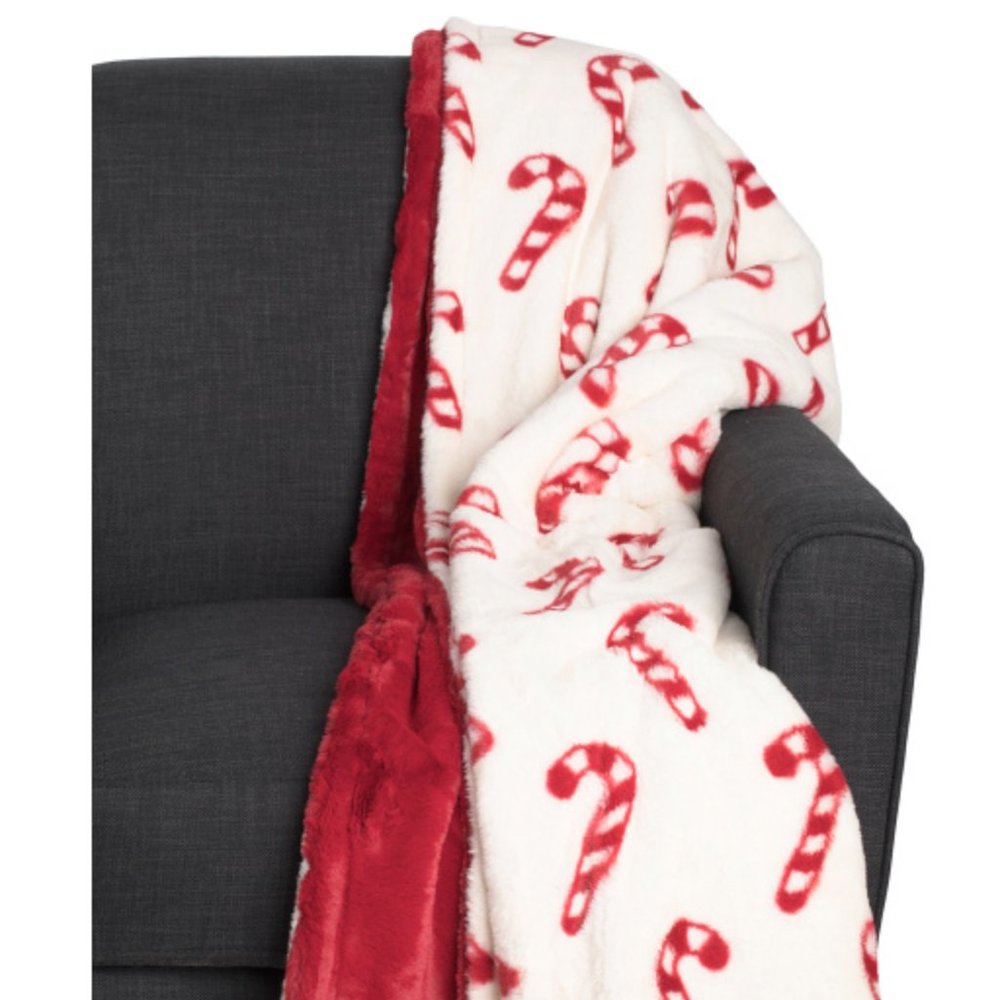 NEW Bella Lux Candy Cane Faux Fur Throw Blanket Red White Christmas Holidays